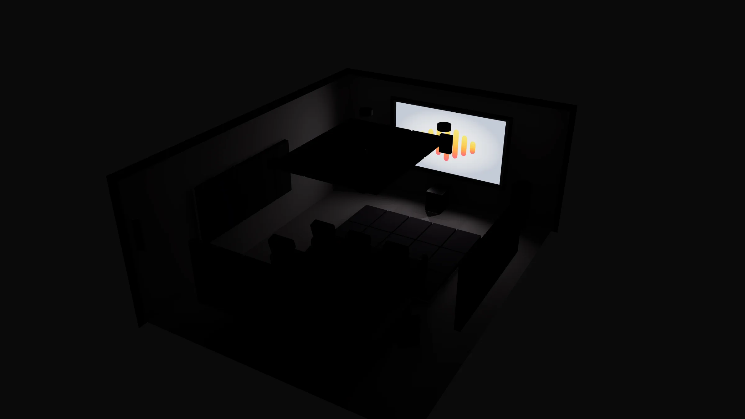 The finished theater rendered in the dark, lit only by the projected image.