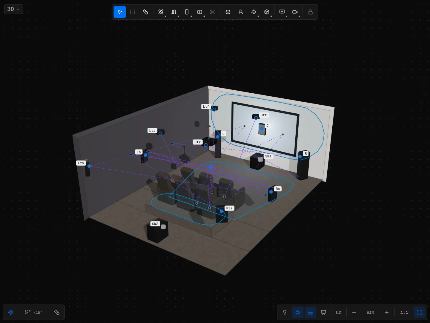 The 3D room with first-reflection paths from each speaker to the listening position and treatment zones on the walls.