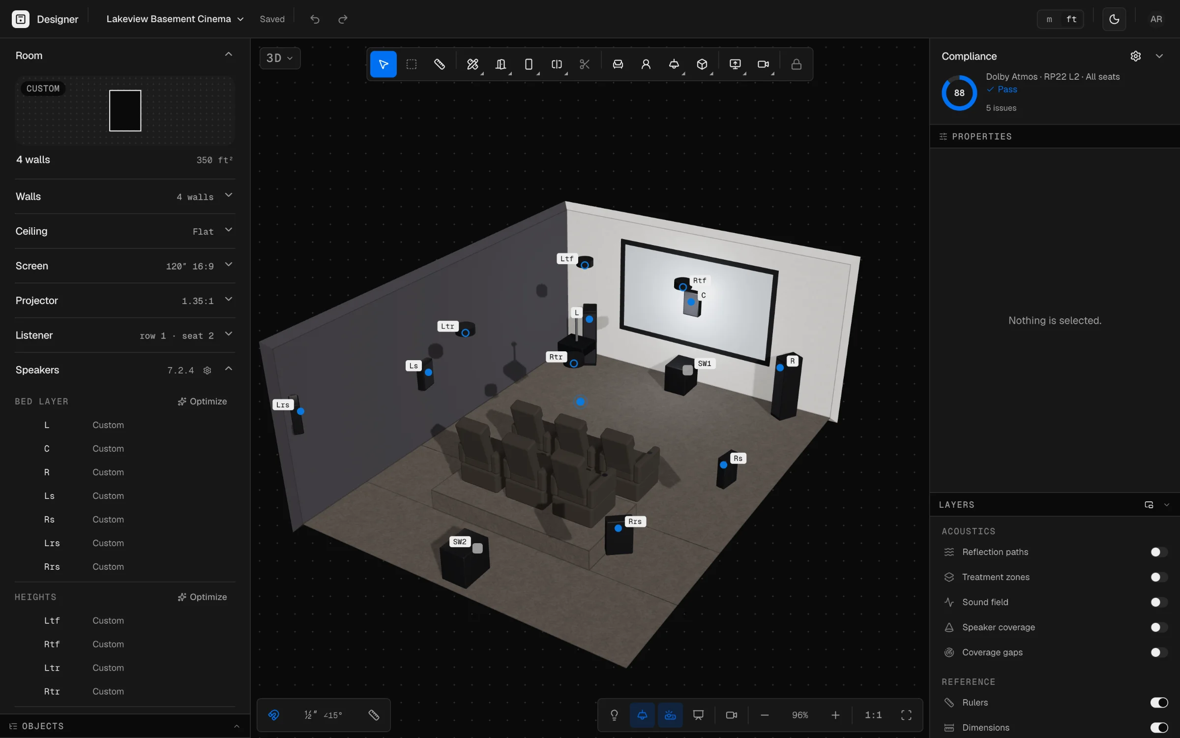 The BetterTheaters editor: a 7.2.4 theater in 3D, with the room, walls, ceiling, screen and speakers in the left rail and the compliance score in the right.